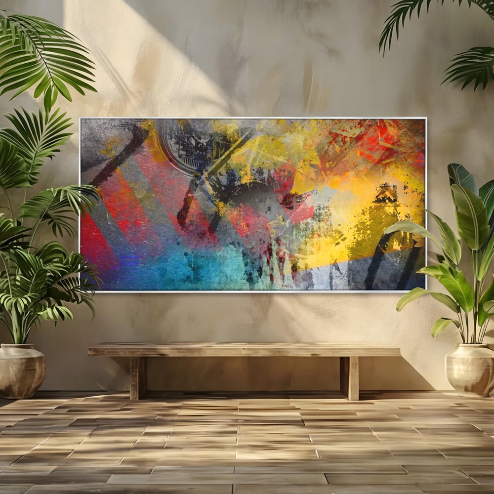 Tablou canvas cu pictura abstracta cu pete vibrante, in rama de aluminiu argintiu